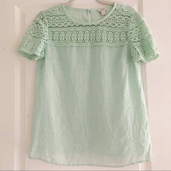 J. Crew Linen Crochet Lace Mint Green Top 2 XS - Picture 1 of 5